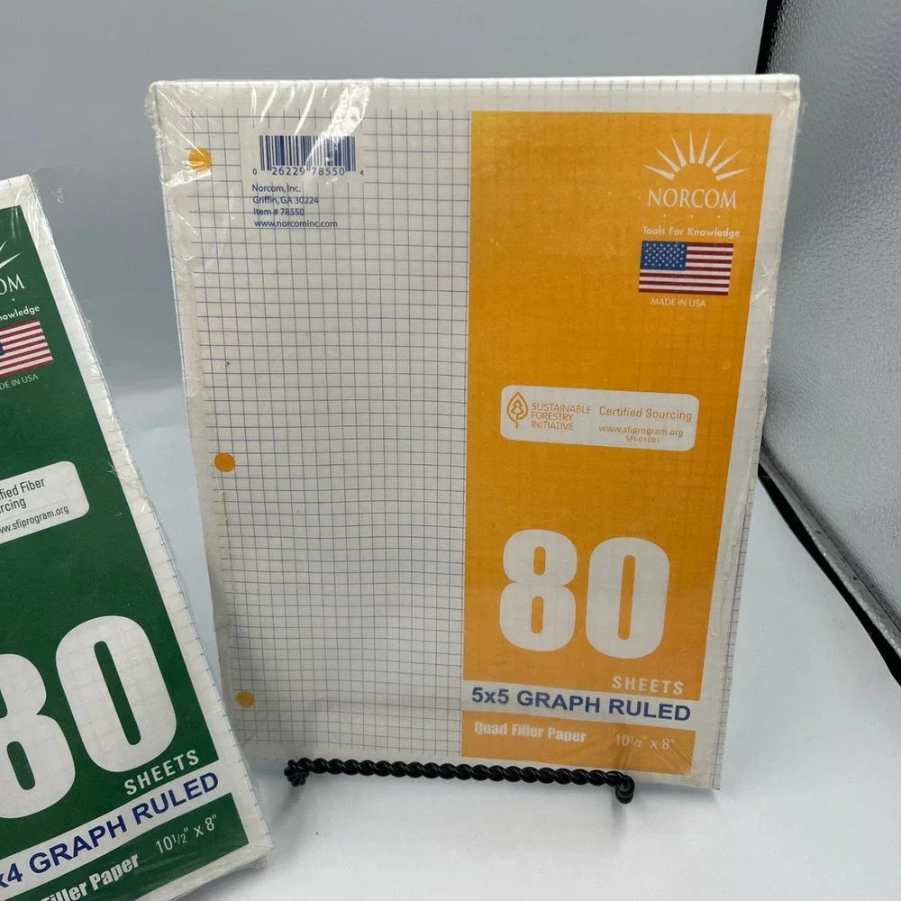 Lot of 2 Norcom Graph Ruled Filler Paper 80 Sheets Each 4x4 and 5x5 Quad Ruled